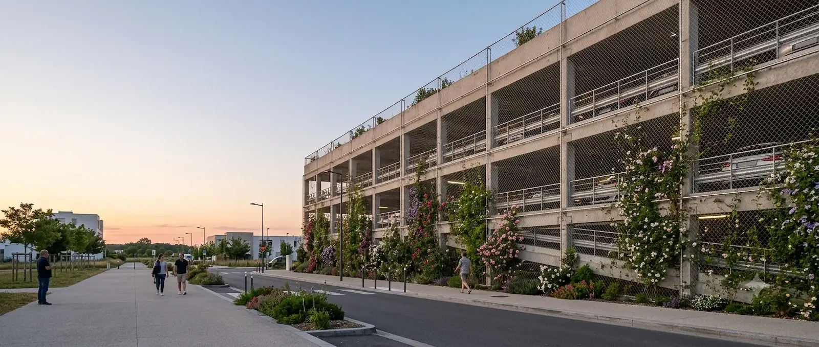 Parking silo végétalisé avec filet inox et plantes fleuries