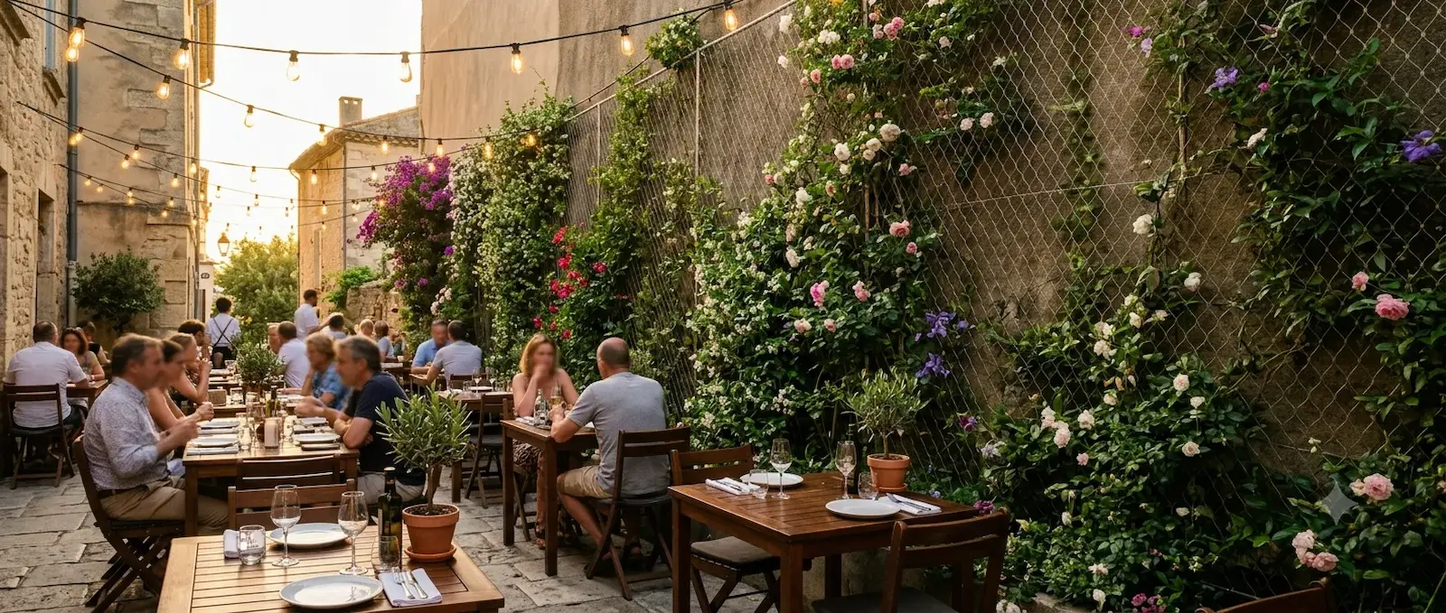 Terrasse de restaurant avec mur végétalisé sur filet inox