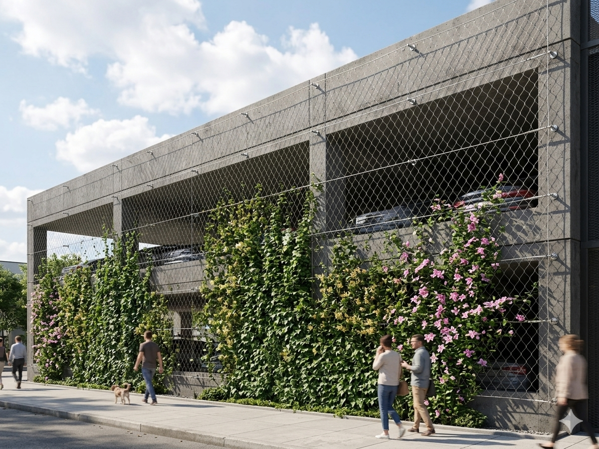 Végétalisation grande façade parking béton urbain