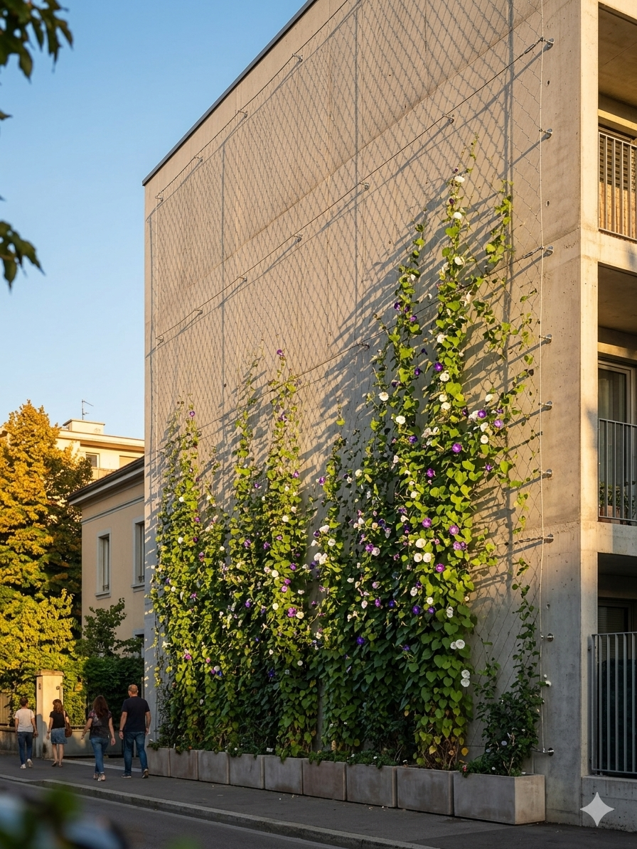 Façade végétalisée immeuble tertiaire câbles inox