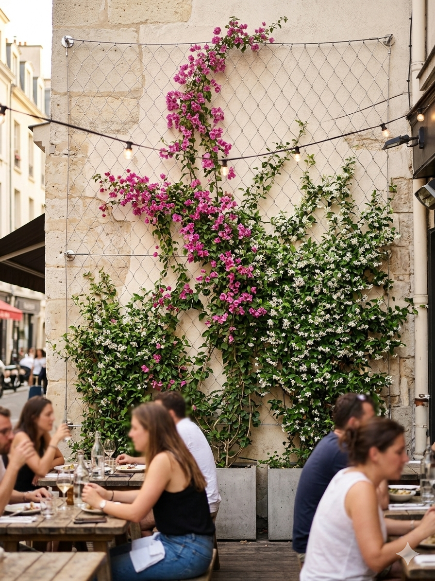 Restaurant terrasse façade végétalisée filet inox